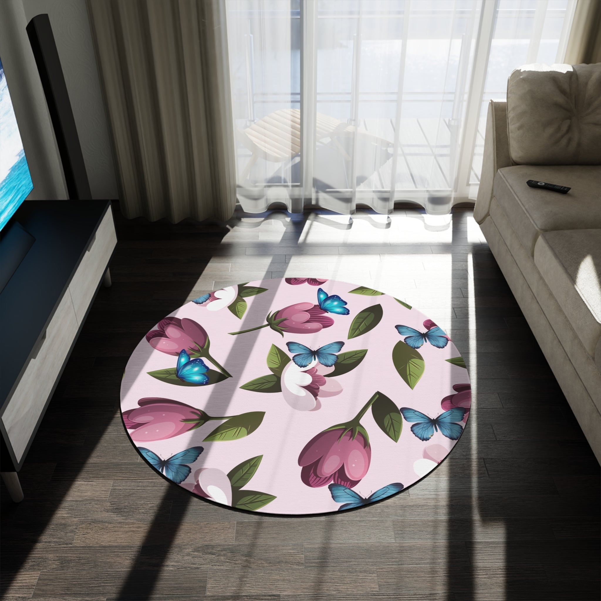 Floral Butterfly Round Rug — Pink Tulip Pattern Accent Mat