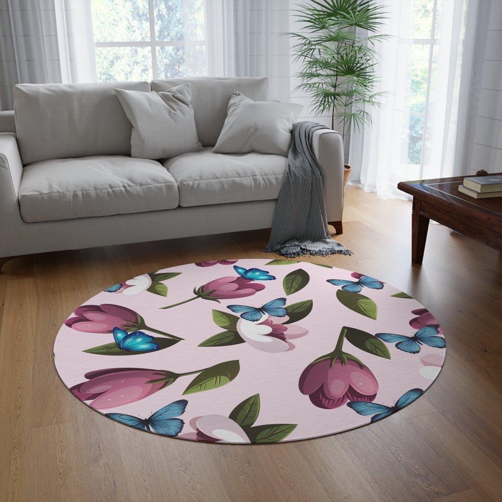 Floral Butterfly Round Rug — Pink Tulip Pattern Accent Mat