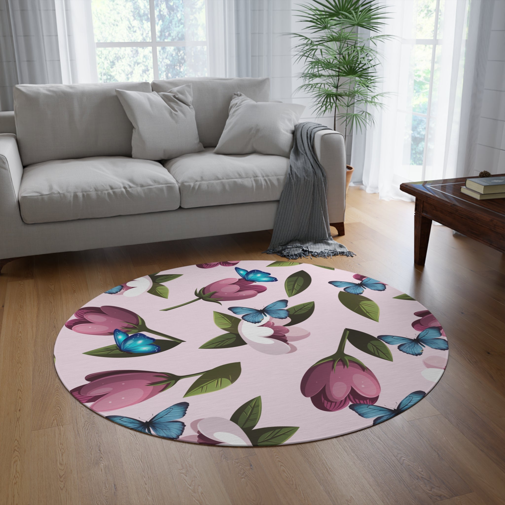 Floral Butterfly Round Rug — Pink Tulip Pattern Accent Mat