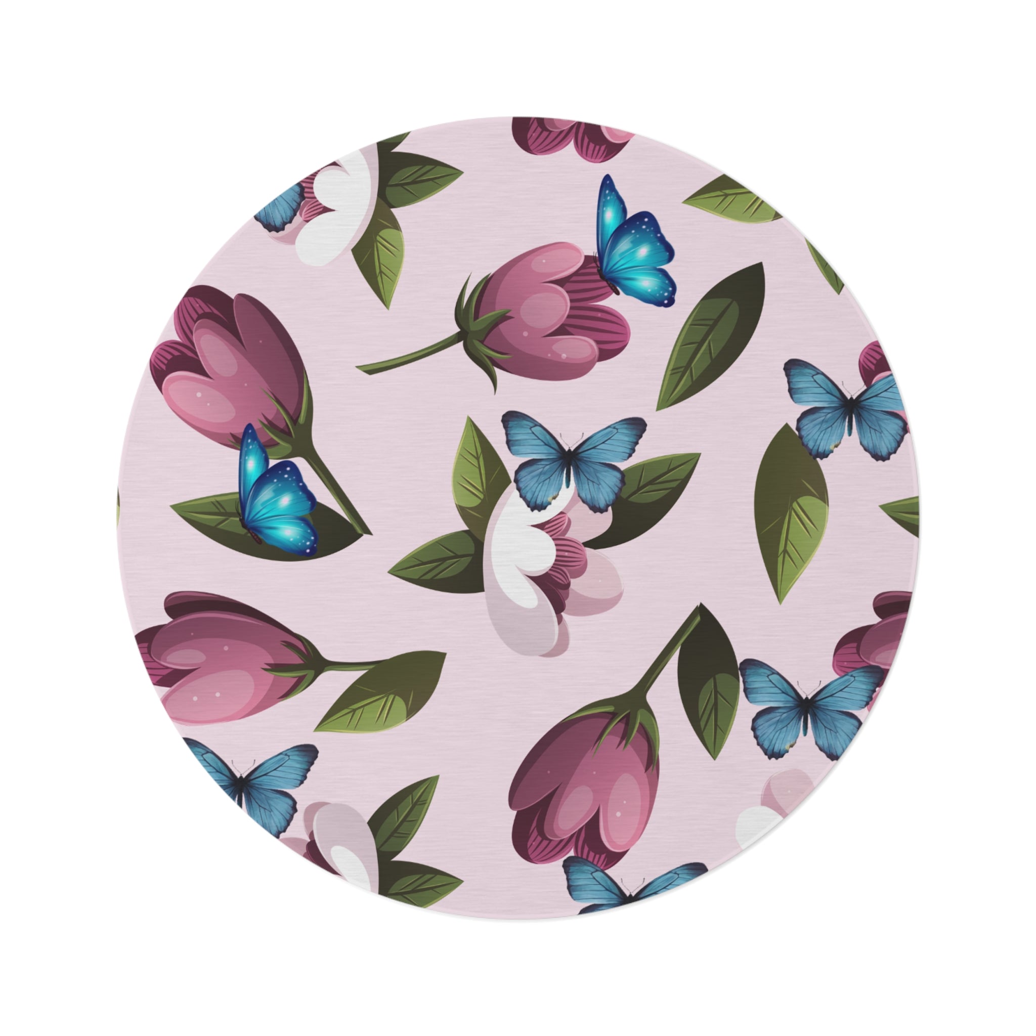 Floral Butterfly Round Rug — Pink Tulip Pattern Accent Mat